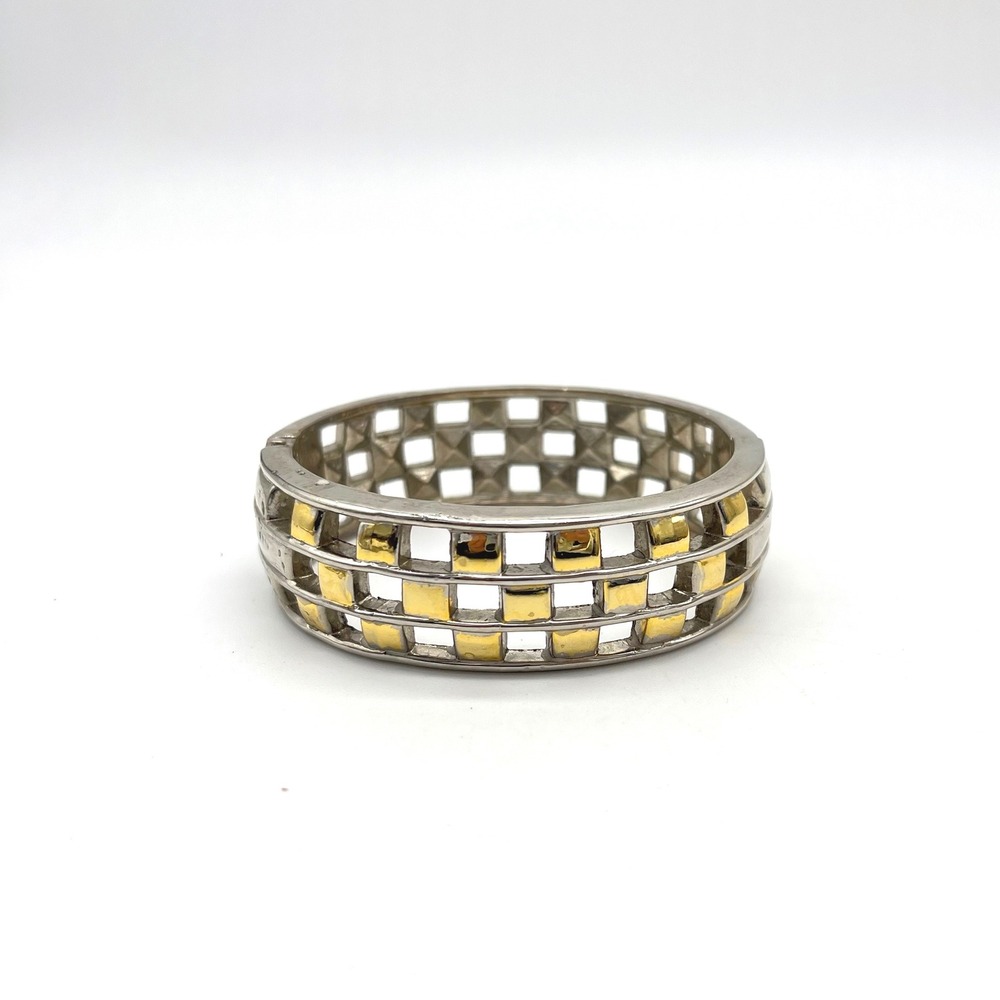 Vintage‎ Two Tone Bangle Bracelet Gold Silver Metal Hinged Checkerboard Pattern